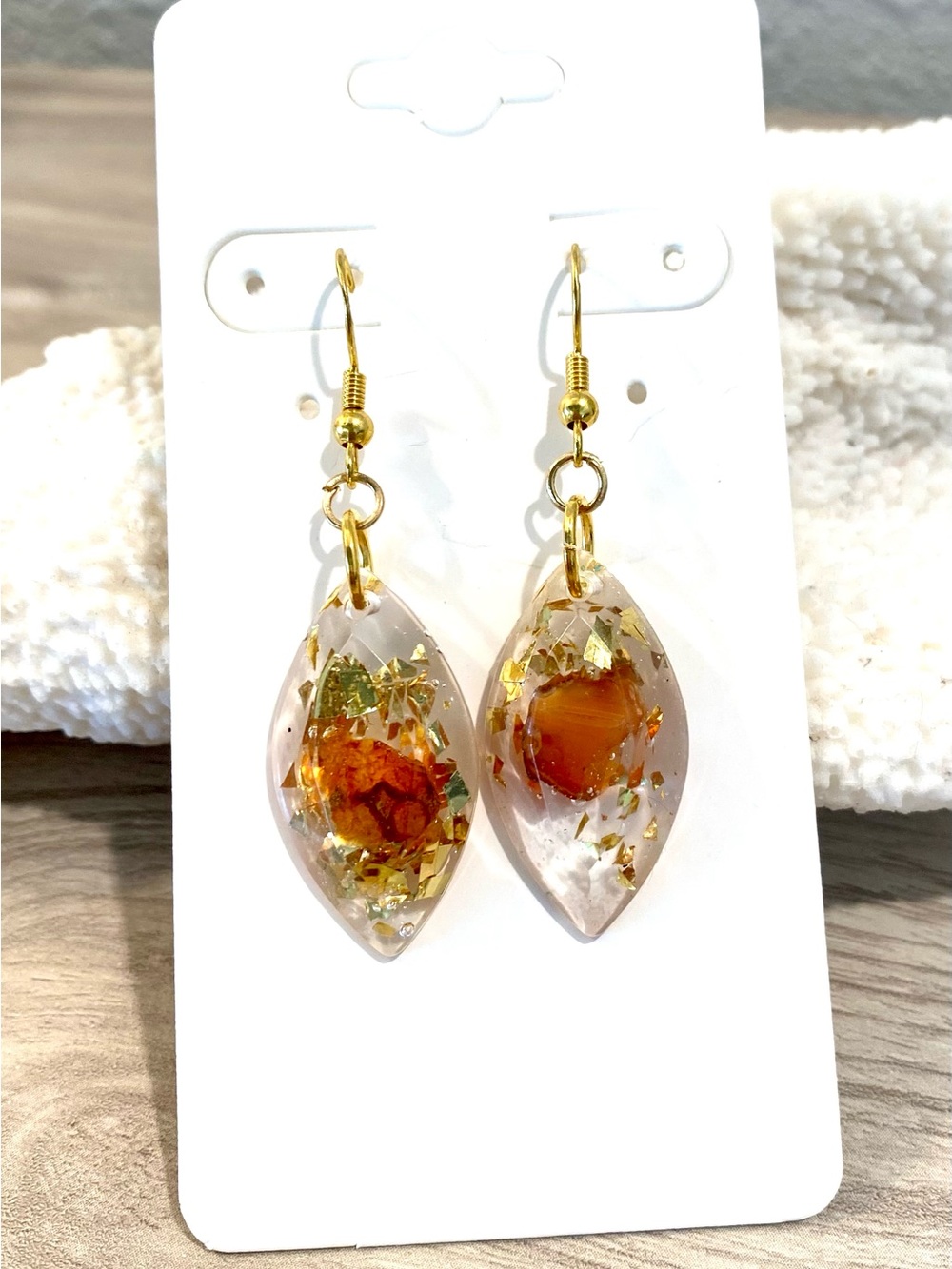 21. Gold Teardrop Resin Earrings with Carnelian Accent and beach sand
